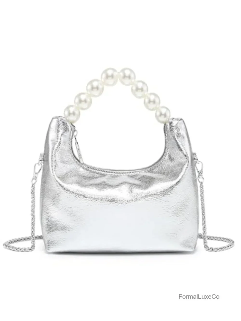 Faux Leather Pearl Handle Evening Clutch Purse with Detachable Chain
